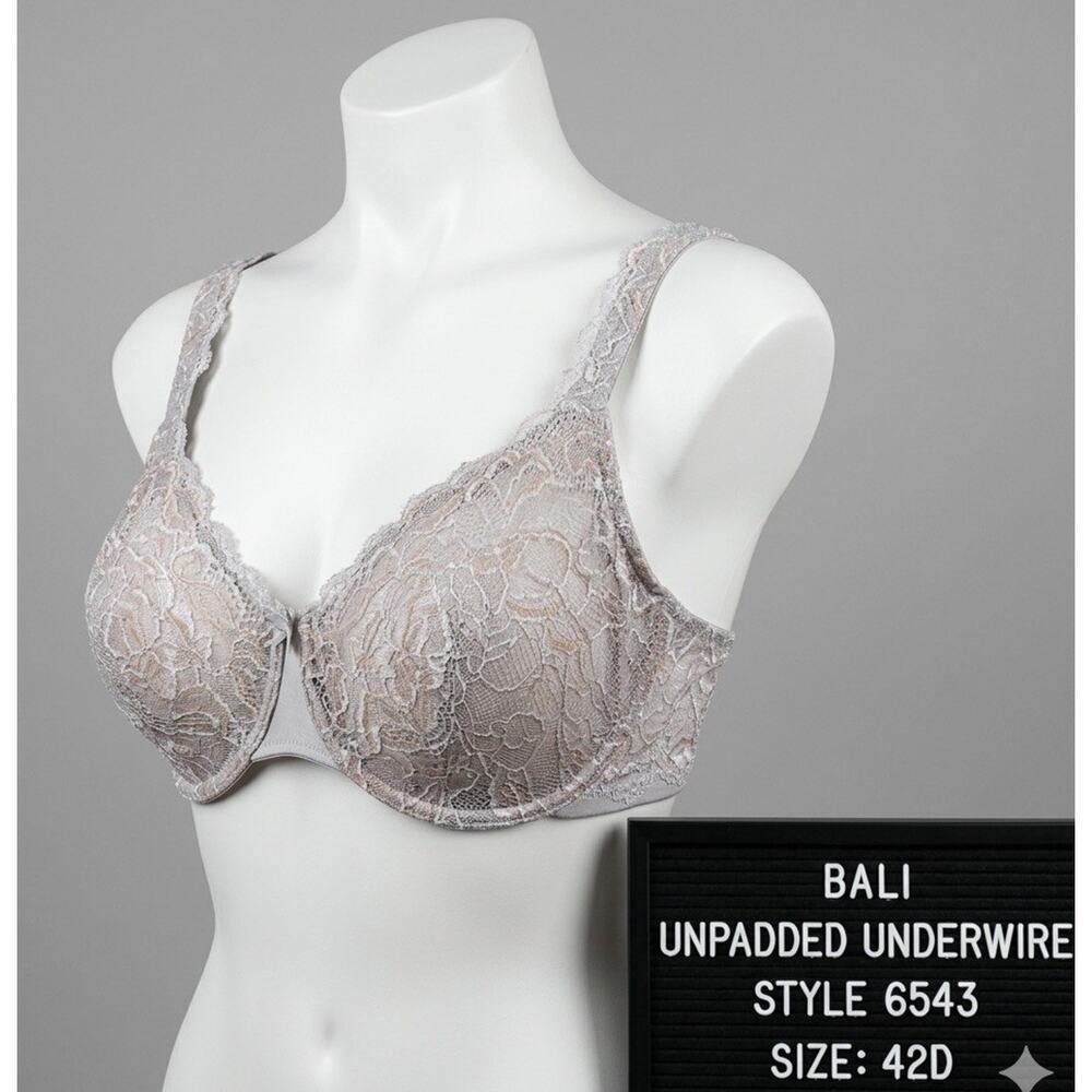 Bali Style 6543 Bra 42D Gray Silver Unpadded Lace Full Coverage Underwire